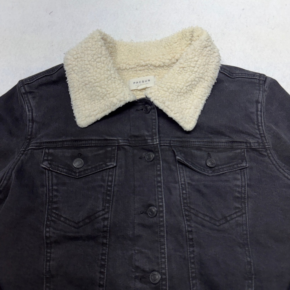 PacSun Sherpa Lined Denim Trucker Jacket Faux Shearling Black Adult Medium - Picture 3 of 13